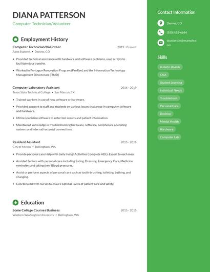 Computer Technician/Volunteer Resume