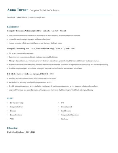 Computer Technician/Volunteer Resume