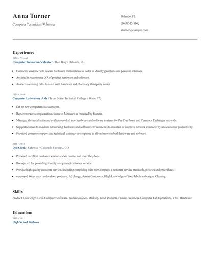 Computer Technician/Volunteer Resume