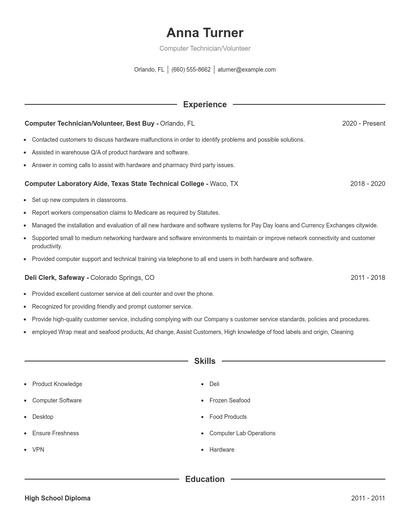 Computer Technician/Volunteer Resume