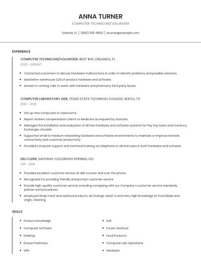 Computer Technician/Volunteer Resume