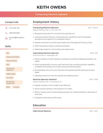 Computing Machine Operator Resume