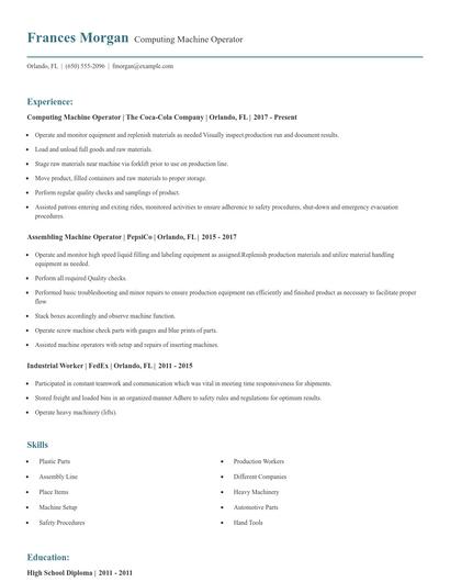 Computing Machine Operator Resume