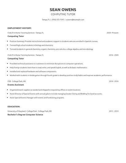 Computing Tutor Resume