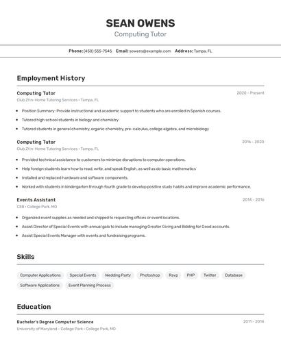 Computing Tutor Resume