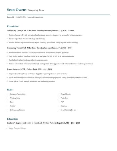Computing Tutor Resume