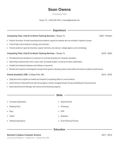 Computing Tutor Resume