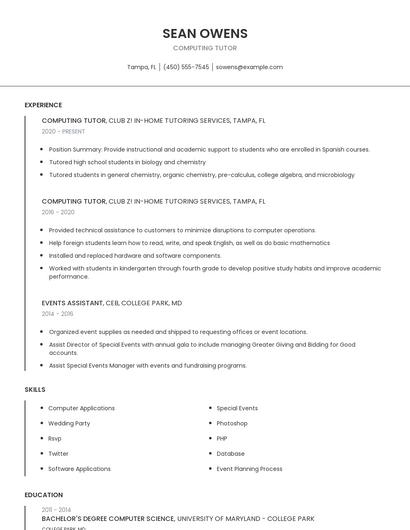 Computing Tutor Resume