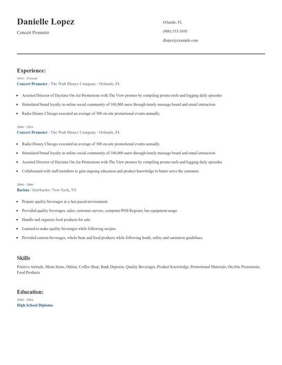 Concert Promoter Resume