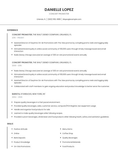 Concert Promoter Resume