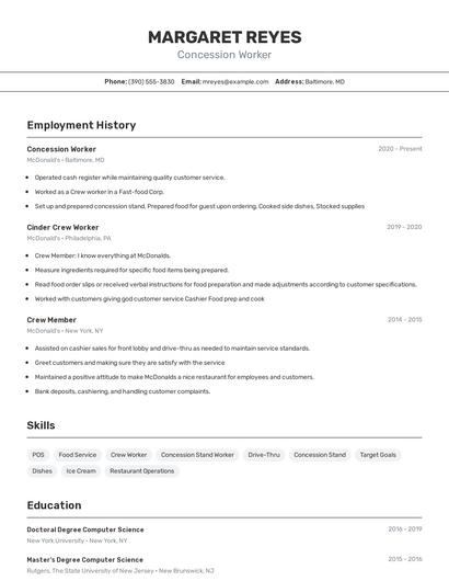Concession Worker Resume