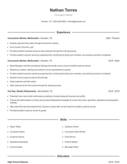 Concession Worker Resume