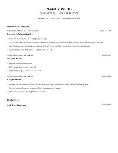 Concrete Finisher Apprentice Resume