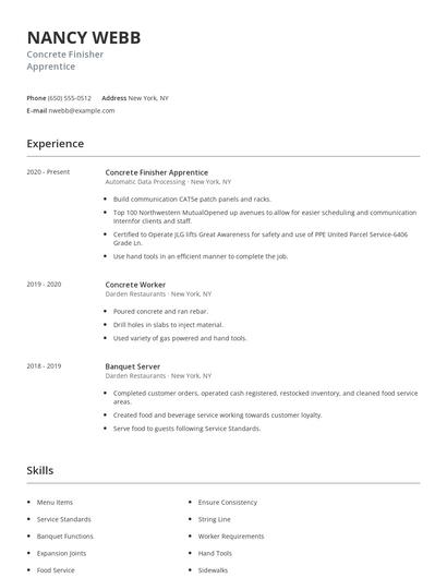 Concrete Finisher Apprentice Resume