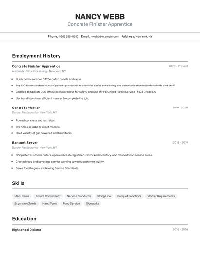 Concrete Finisher Apprentice Resume