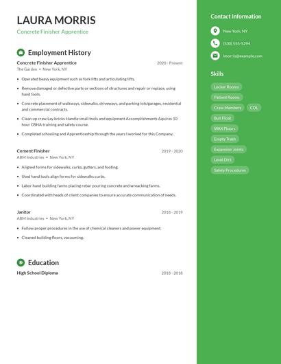 Concrete Finisher Apprentice Resume