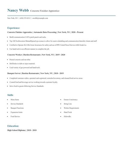 Concrete Finisher Apprentice Resume