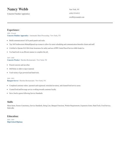 Concrete Finisher Apprentice Resume