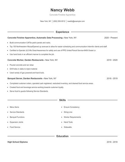 Concrete Finisher Apprentice Resume