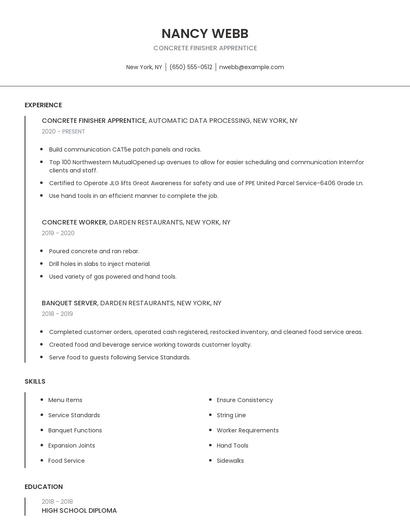 Concrete Finisher Apprentice Resume