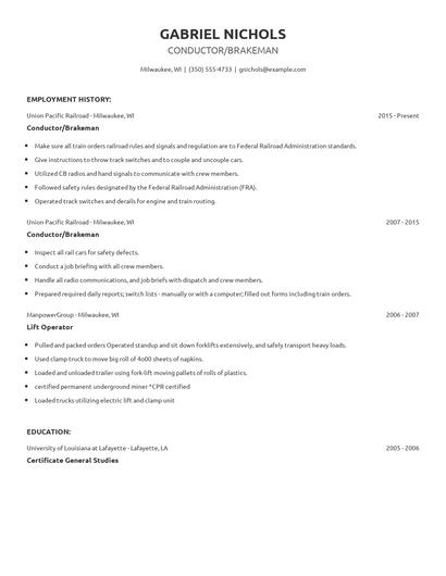 Conductor/Brakeman Resume