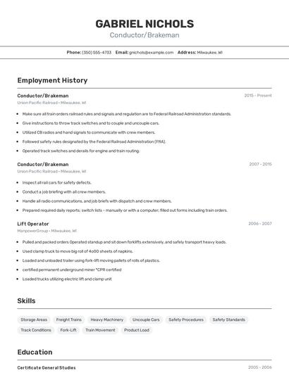 Conductor/Brakeman Resume