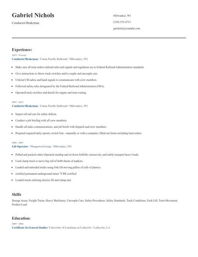 Conductor/Brakeman Resume