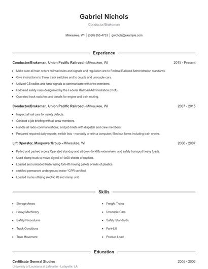 Conductor/Brakeman Resume