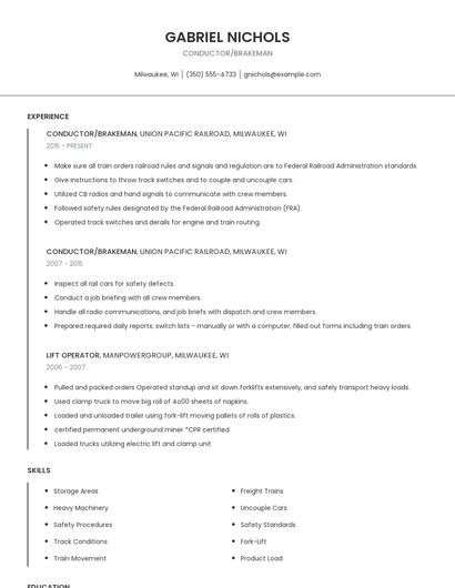 Conductor/Brakeman Resume