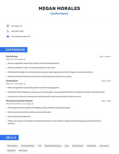 Confectioner Resume