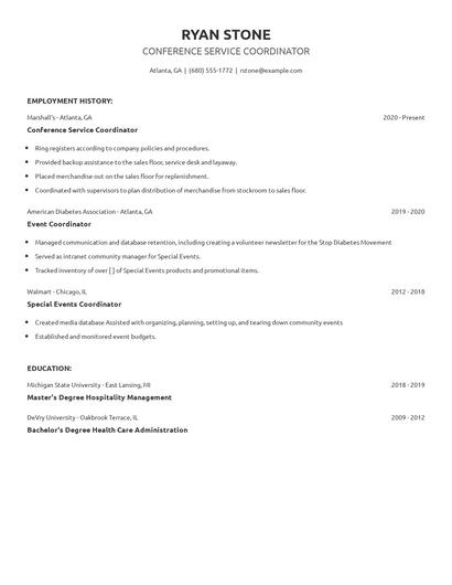 Conference Service Coordinator Resume