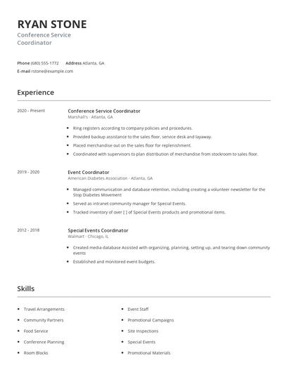 Conference Service Coordinator Resume