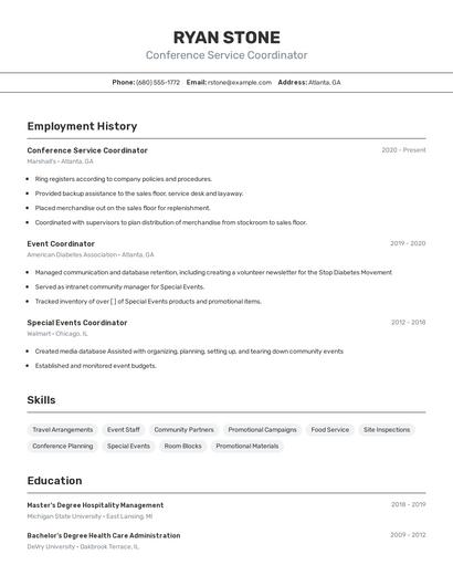 Conference Service Coordinator Resume