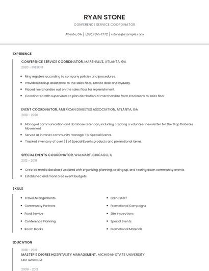 Conference Service Coordinator Resume
