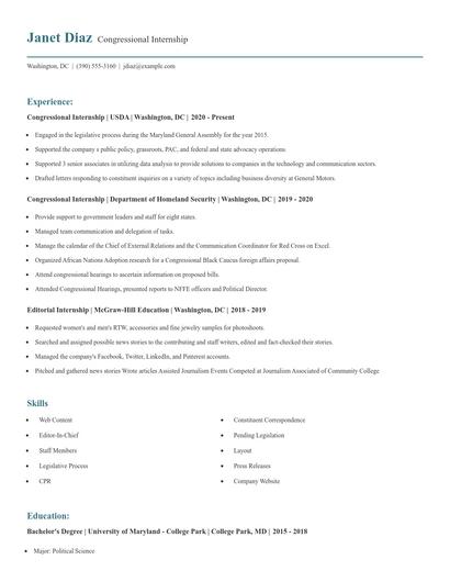 Congressional Internship Resume