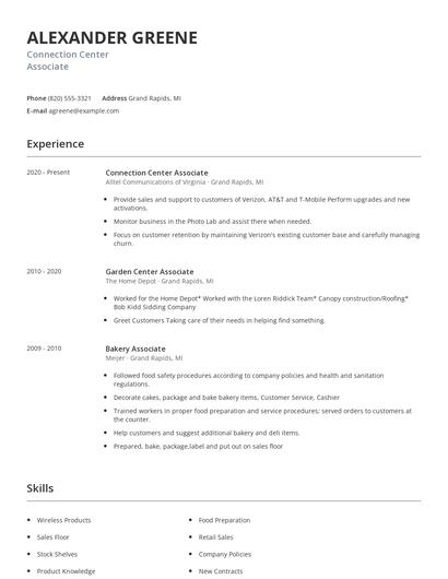 Connection Center Associate Resume