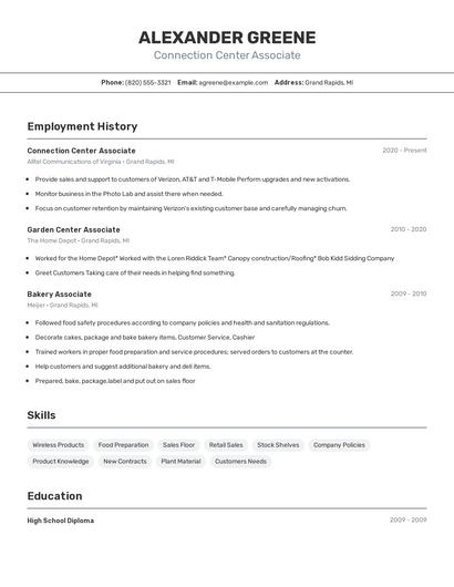 Connection Center Associate Resume