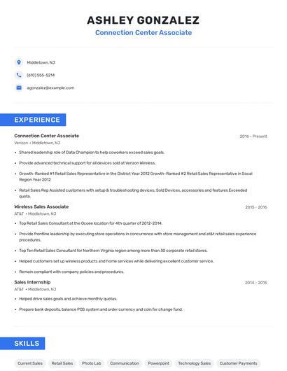 Connection Center Associate Resume