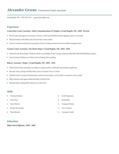 Connection Center Associate Resume