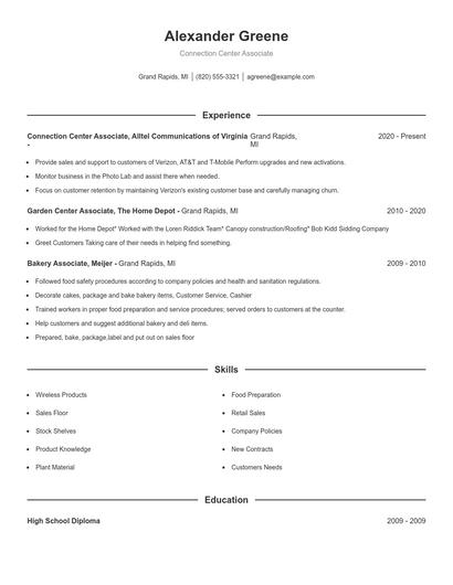 Connection Center Associate Resume