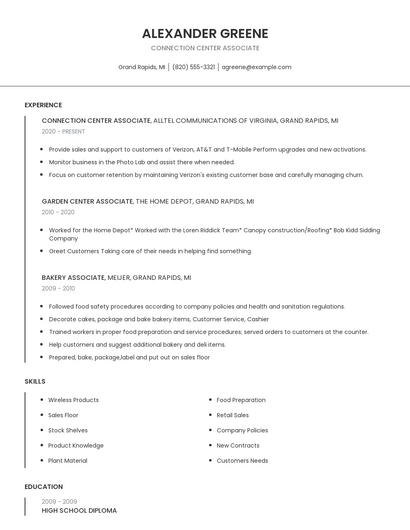 Connection Center Associate Resume