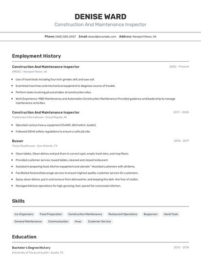 Construction And Maintenance Inspector Resume