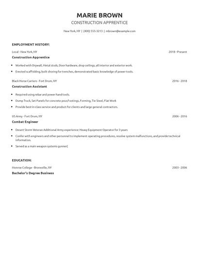 Construction Apprentice Resume