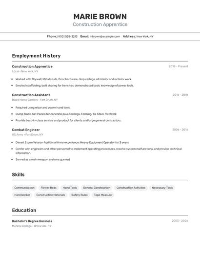Construction Apprentice Resume