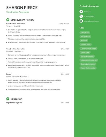 Construction Apprentice Resume