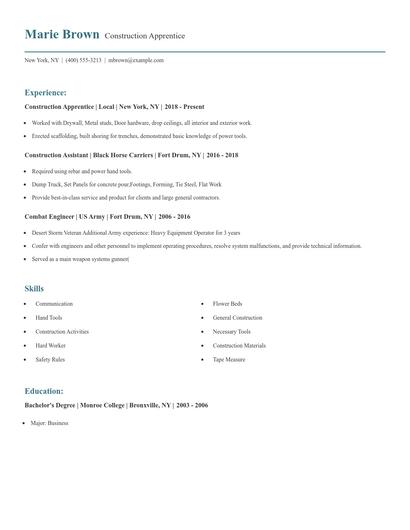Construction Apprentice Resume