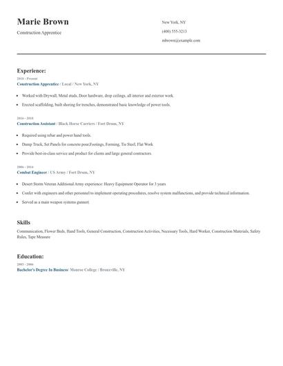 Construction Apprentice Resume