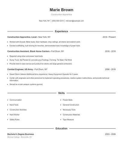 Construction Apprentice Resume