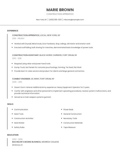 Construction Apprentice Resume