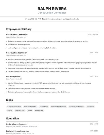 Construction Contractor Resume